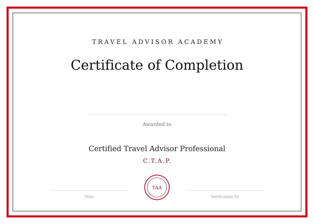 Travel Advisor Academy certificate