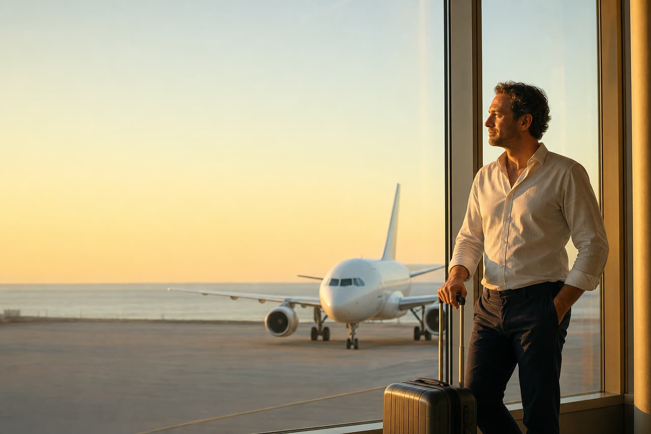 A travel advisor at an airport window in late afternoon light